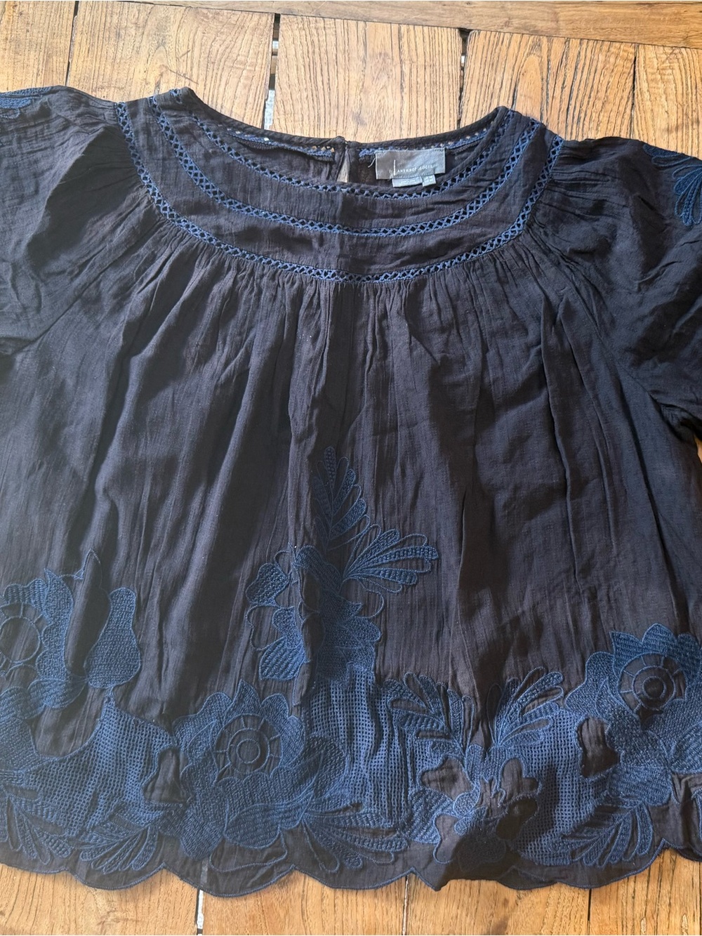 Anthropologie Navy Embroidered Peasant Top - 3/4 Sleeve
